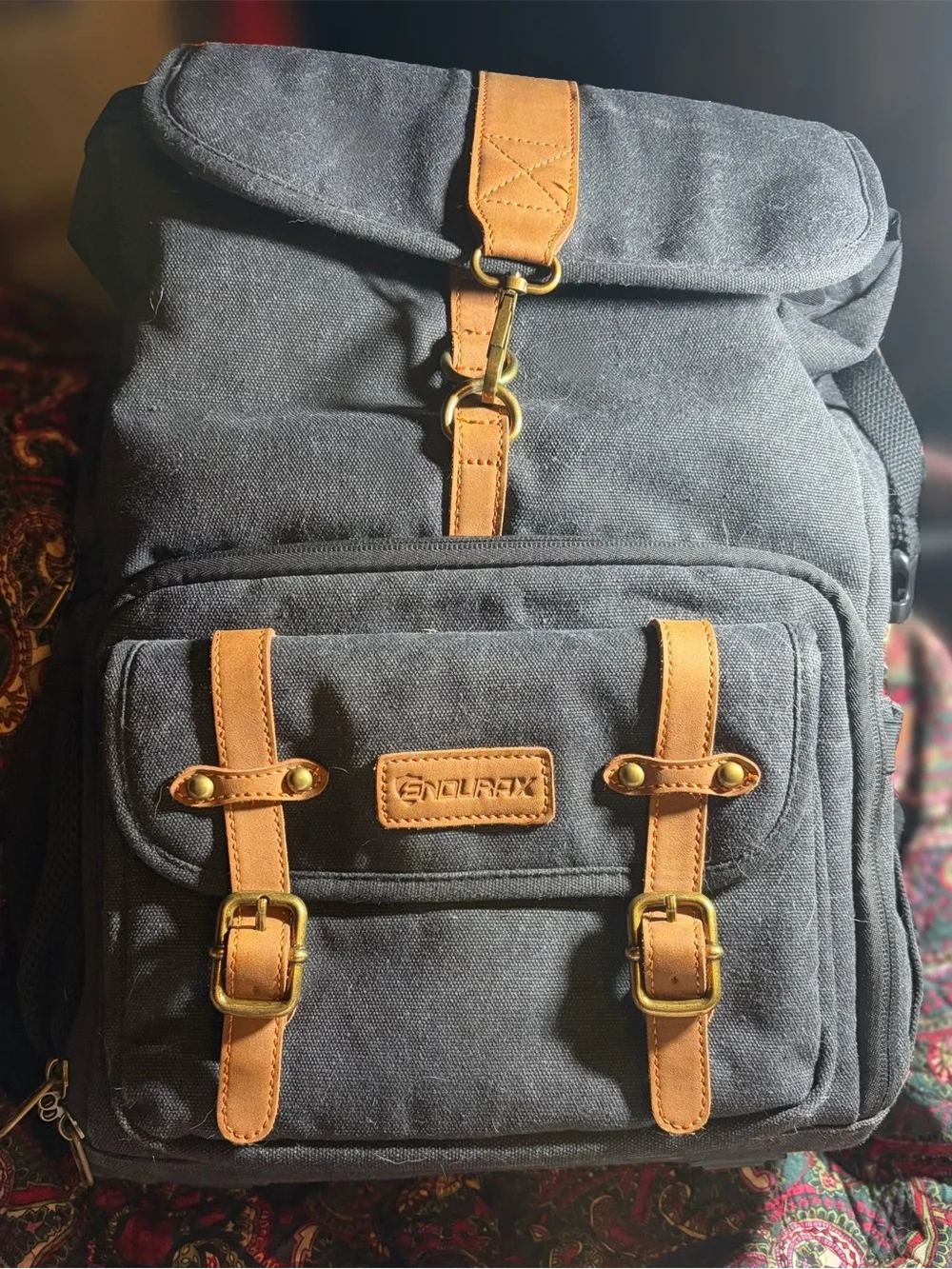 Endurax Leather Strap Camera Backpack Bag Waterproof Waxed Canvas - Dark Gray